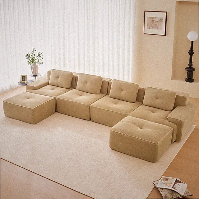 Modern U-Shaped Sectional Sofa 153 Inch Camel Corduroy 4-Seat Deep Plush Lounge
