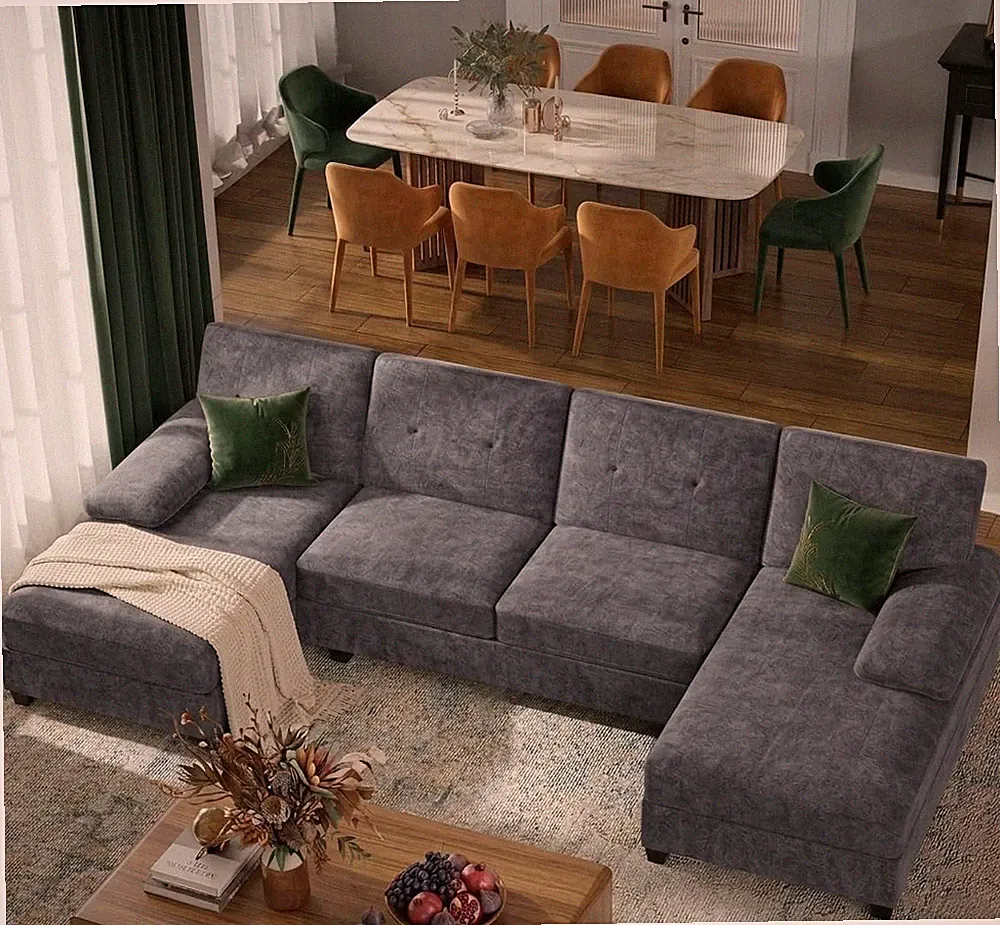 Modern U-Shaped Sectional Sofa with Double Chaise, Black Linen, 4 Seats