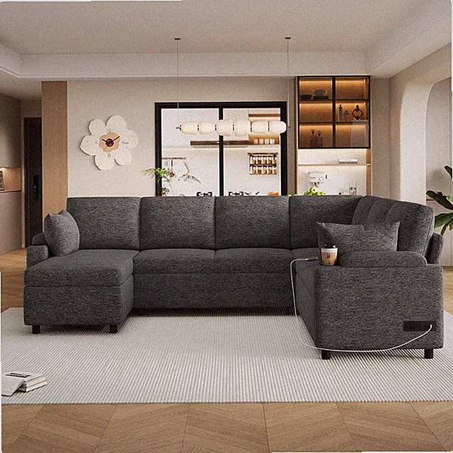 Modern U-Shaped Sleeper Sectional Sofa Bed with Storage & Charging Ports