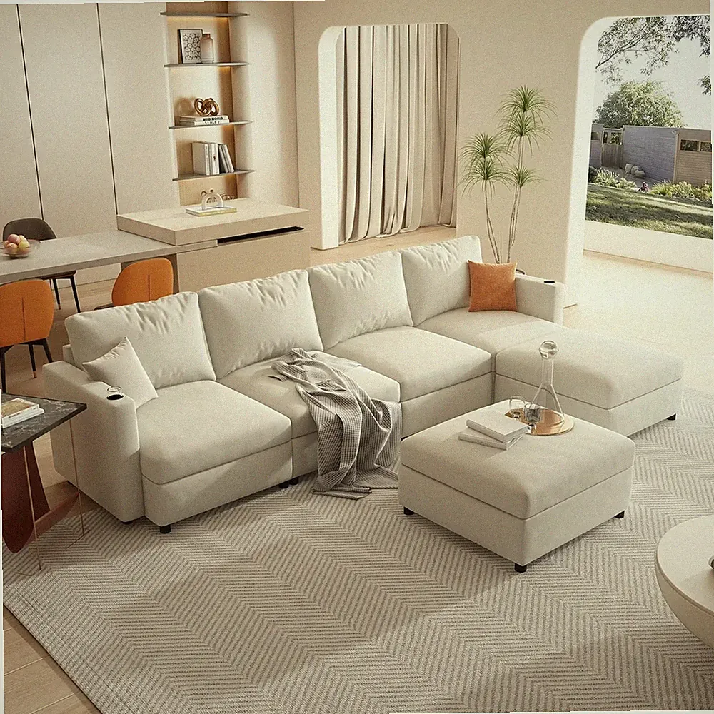 Modern U-Shaped Sofa with Storage, 6-Seat Sectional Couch, Easy Assembly, White