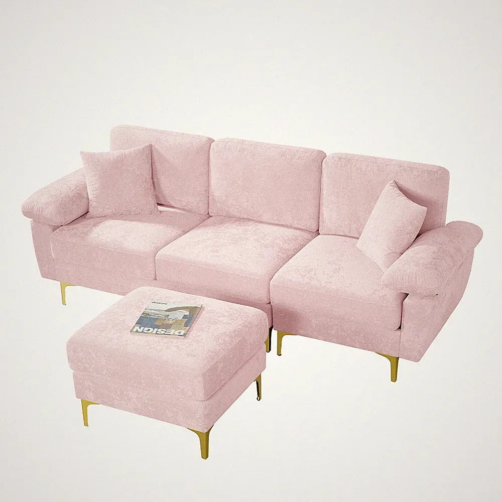 Modern Upholstered Comfy Velvet L-Shaped Sectional Sofa 3-Seat Couch w/ Ottoman