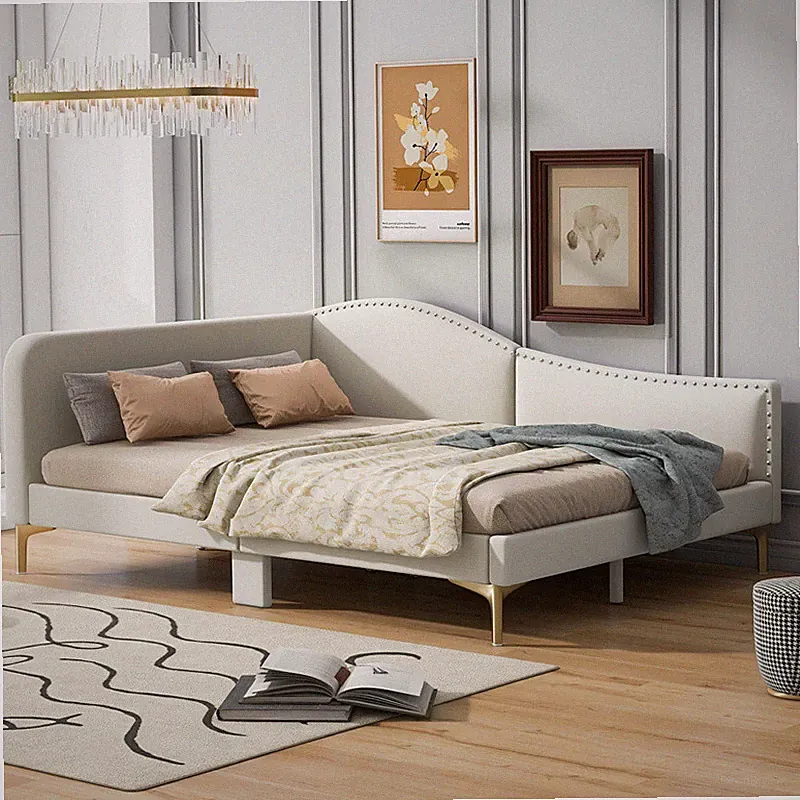 Modern Upholstered Daybed Full Size Wood Sofa Bed w/Armrest & Support Legs,Beige