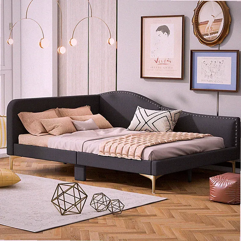 Modern Upholstered Daybed Full Size Wood Sofa Bed w/Armrest & Support Legs,Gray