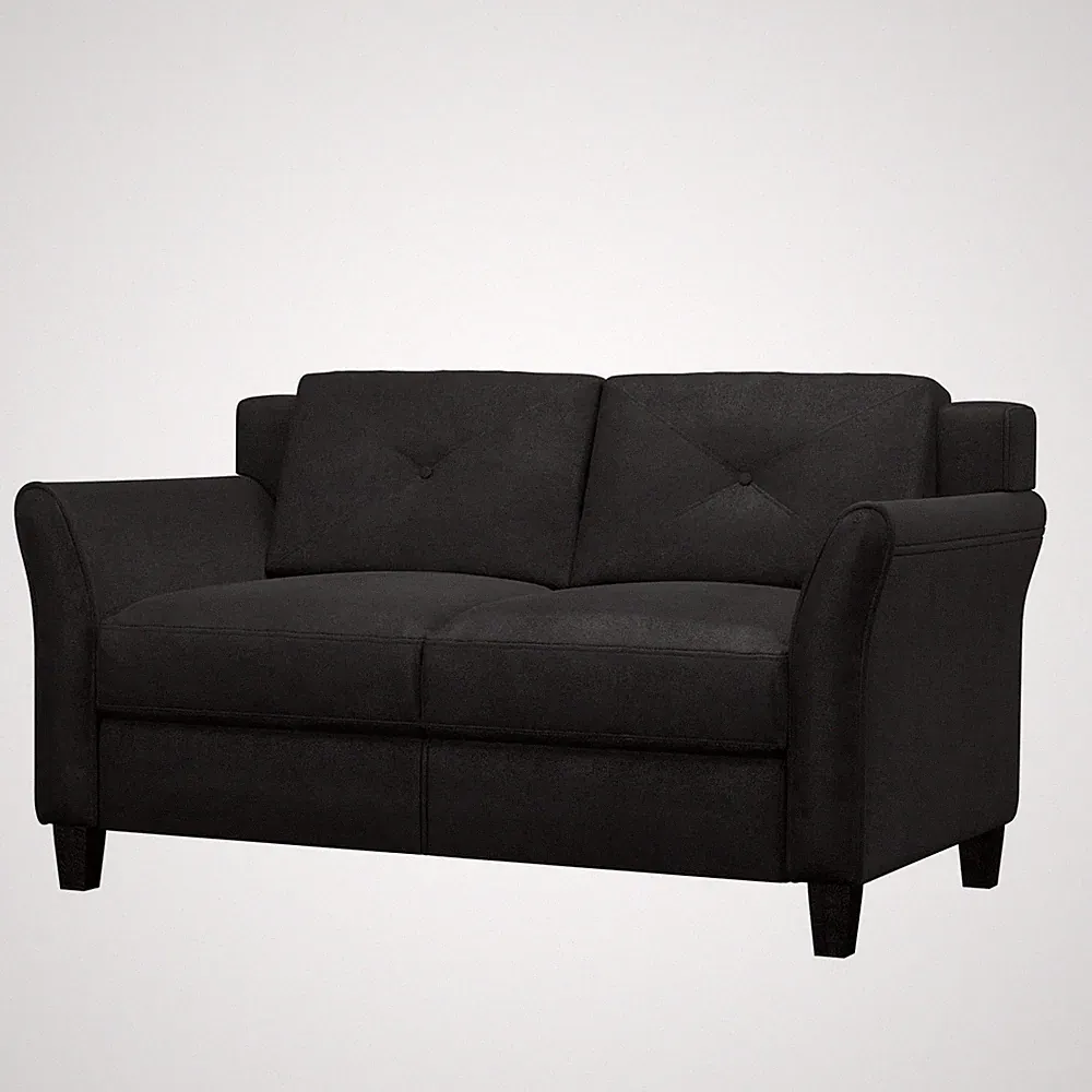 Modern Upholstered Loveseat Sofa in Black Microfiber with Button Tufted Cushions