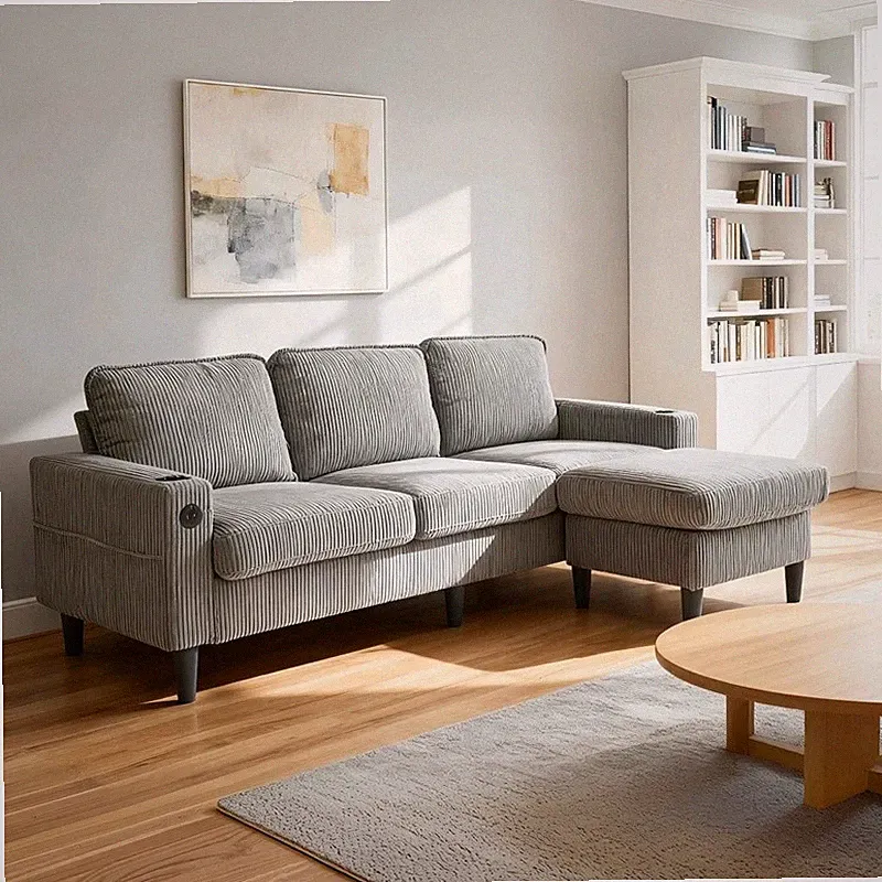Modern Upholstered Sectional Couch 3-Seat L-Shaped Combo Sofa w/Storage Ottoman