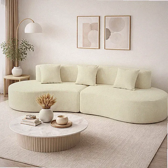 Modern Upholstered Sectional Couch Curved Shaped Sofa Living Room Cream White
