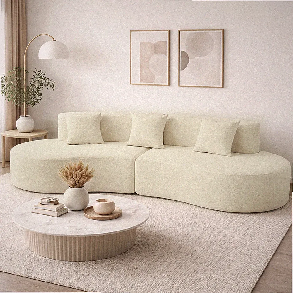 Modern Upholstered Sectional Sofa Curved Shaped Couch Living Room Cream White