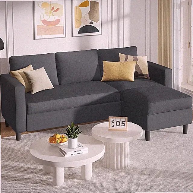 Modern Upholstered Sectional Sofa, L-Shaped Couch with Movable Ottoman and Re...