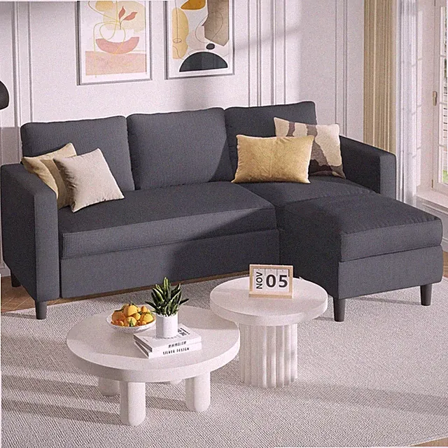 Modern Upholstered Sectional Sofa, L-Shaped Couch with Movable Ottoman and Re...
