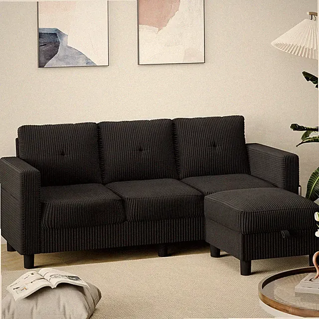 Modern Upholstered Sectional Sofa, L-Shaped Couch with Storage Ottoman and Re...