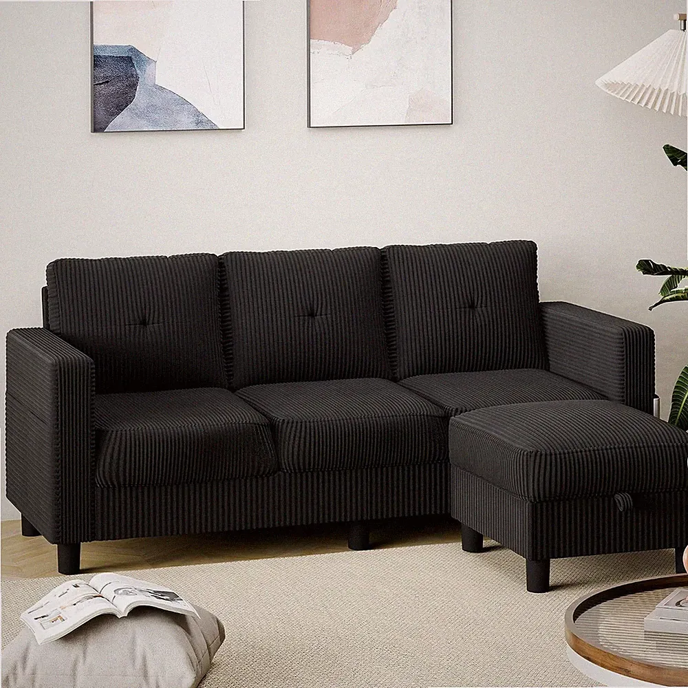 Modern Upholstered Sectional Sofa L-Shaped Couch with Storage Ottoman