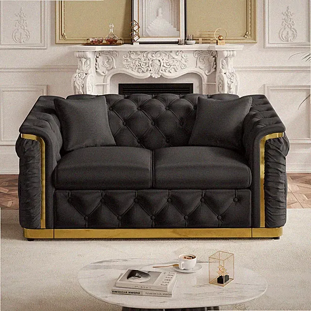 Modern Upholstered Sofa Couch with Gold Accent Channel Tufted Living Room