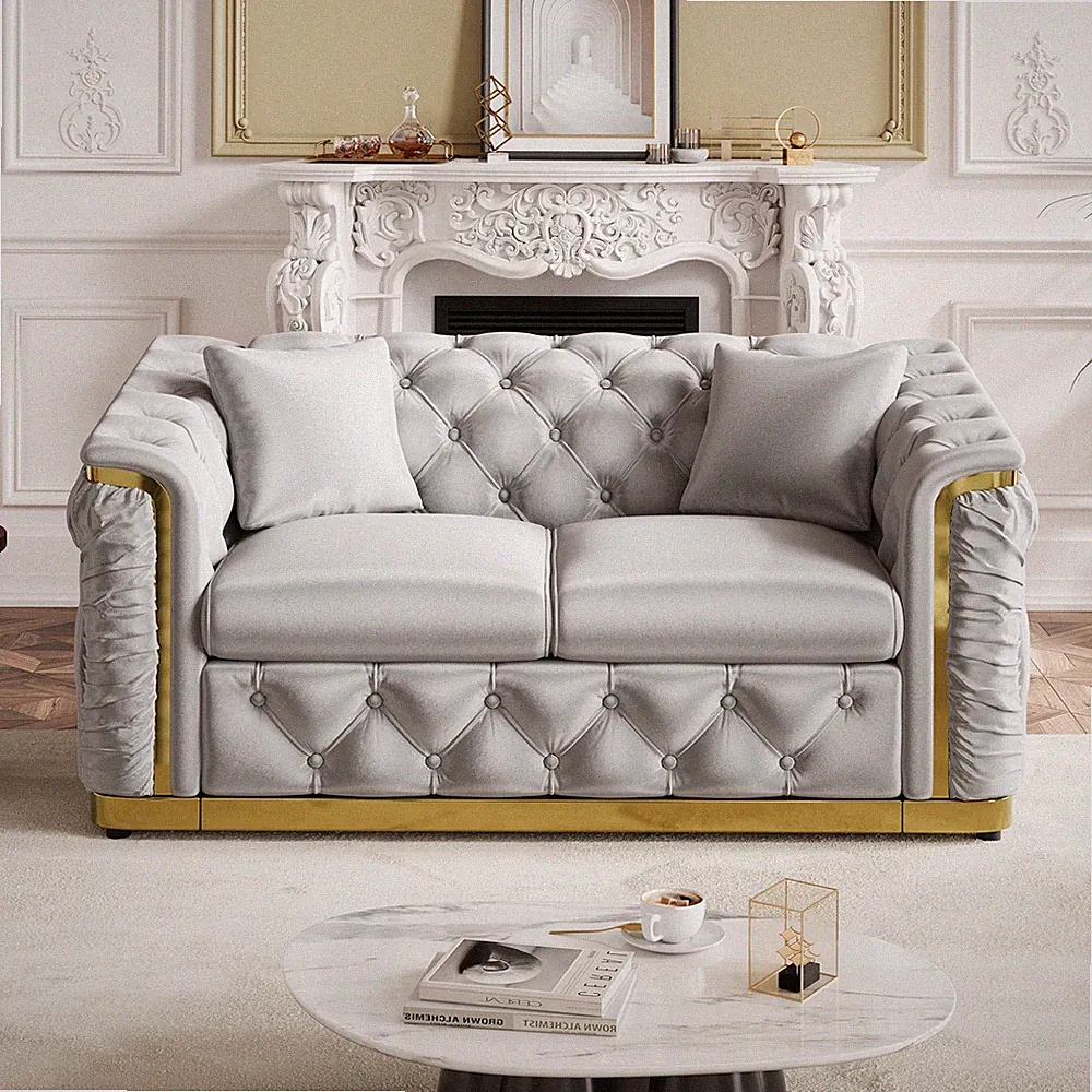 Modern Upholstered Sofa Couch with Gold Accent Channel Tufted Living Room