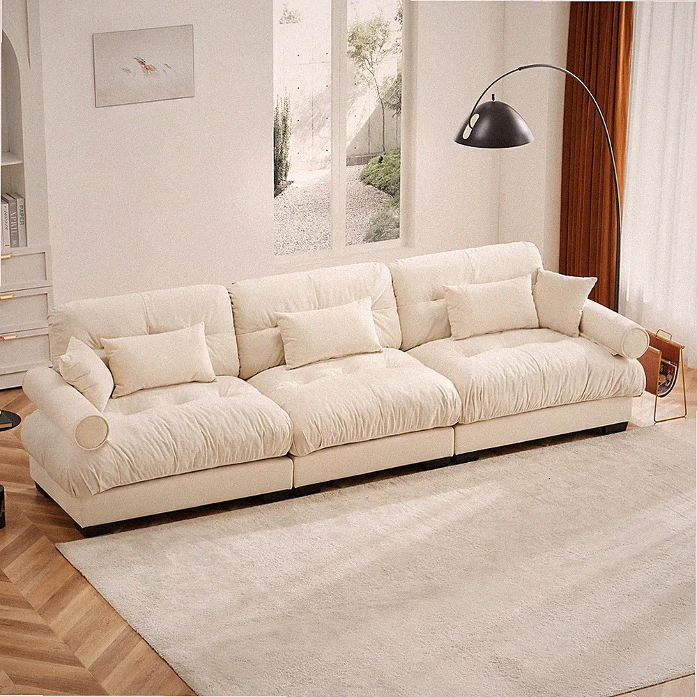 Modern Velvet 3 Seat Sofa Cloud Cushion Deep Seated w/ Pillows Cream