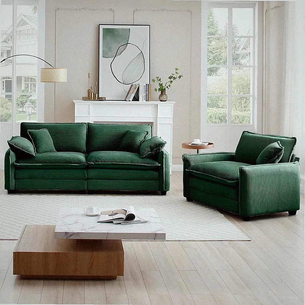 Modern Velvet 3 Seater Sofa 2pc Set, Green Sectional for Small Living Room