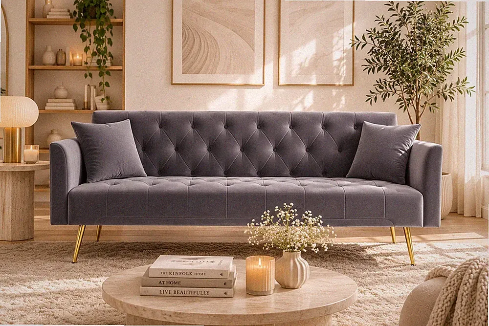 Modern Velvet Convertible Futon Sofa Bed Tufted Sleeper Couch Gray w/ Pillows
