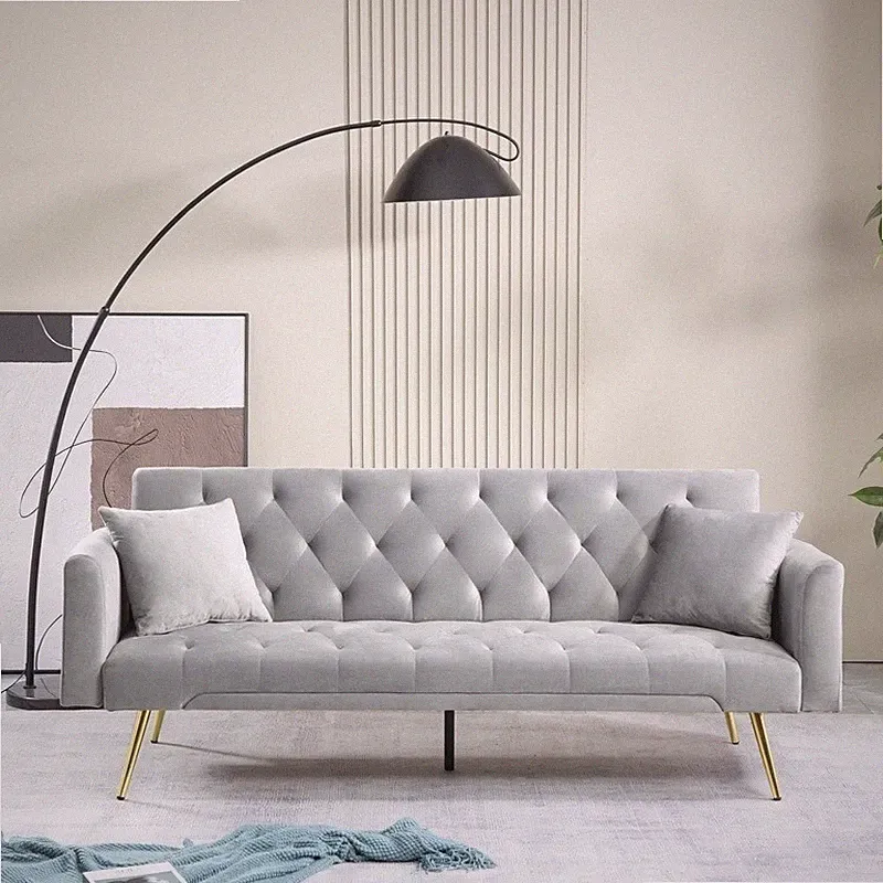 Modern Velvet Convertible Futon Sofa Bed W/ Adjustable Backrest & 2 Pillows Gray