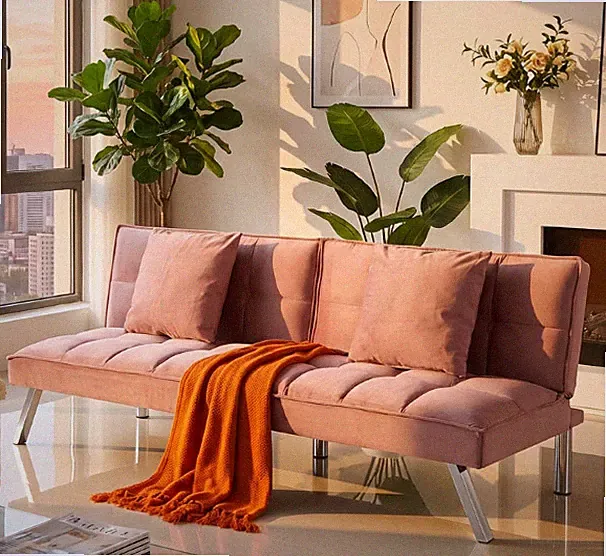 Modern Velvet Futon Sofa Bed Pink 5-Position Convertible Split-Back Sleeper