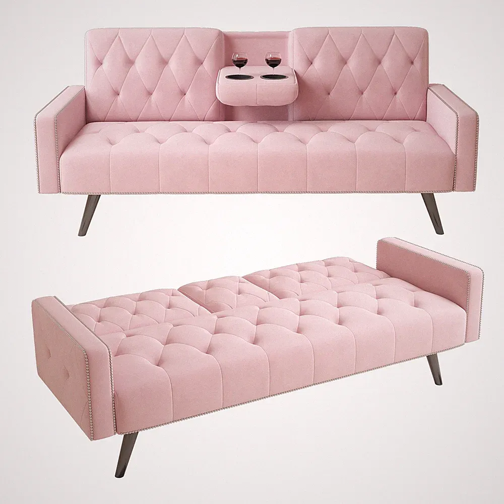 Modern Velvet Futon Sofa Bed Pink Adjustable Backrest Tufted Cup Holders Couch