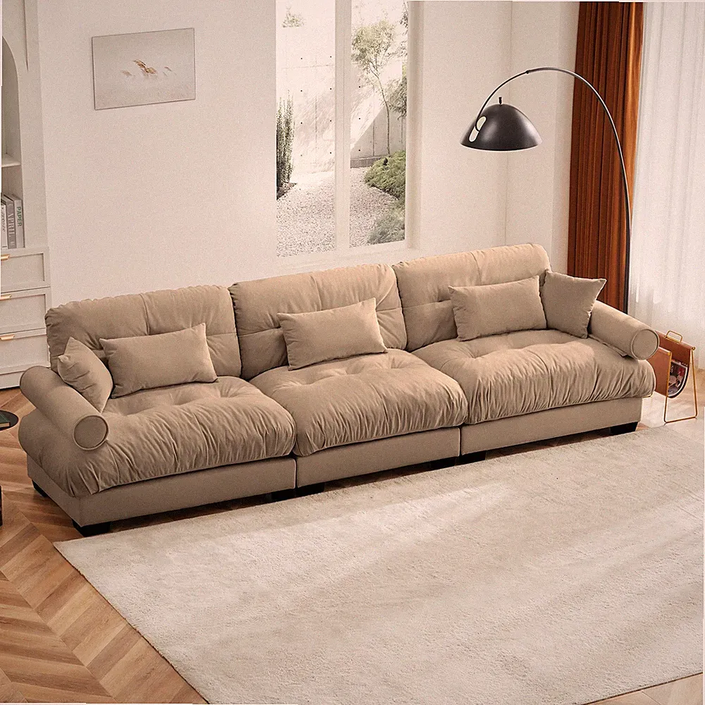 Modern Velvet Sectional Sofa 3 Seater Oversize Cloud Couch w/ Pillows Camel