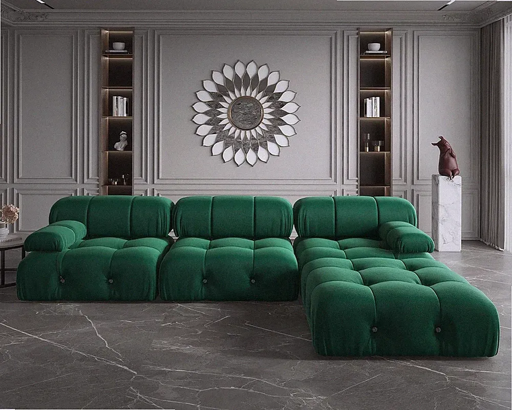 Modern Velvet Sectional Sofa, L Shape Minimalist Modular Sofa Couch, Convertible