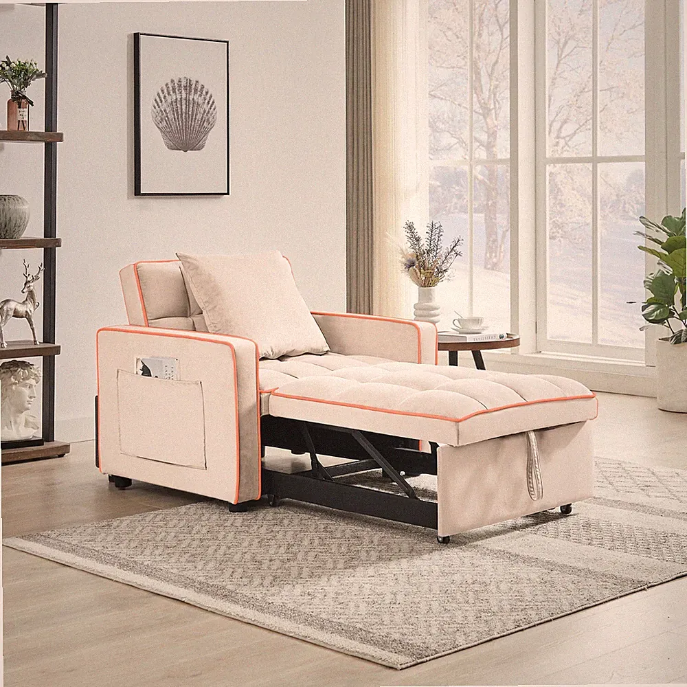 Modern Velvet Sofa Bed Chair, Adjustable Back, Creamy White
