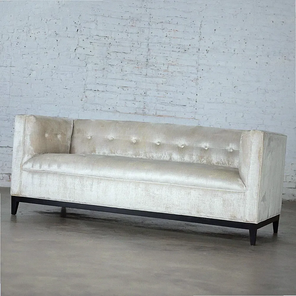 Modern Velvet Tuxedo Sofa Settee Tight Back w/Button Detail & Black Wood Base