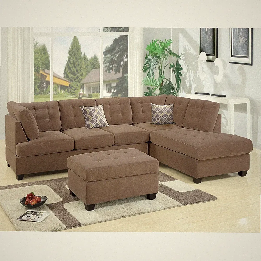 Modern Waffle Suede L-Shaped Sectional Sofa 117" L Truffle Color w/ Pillows