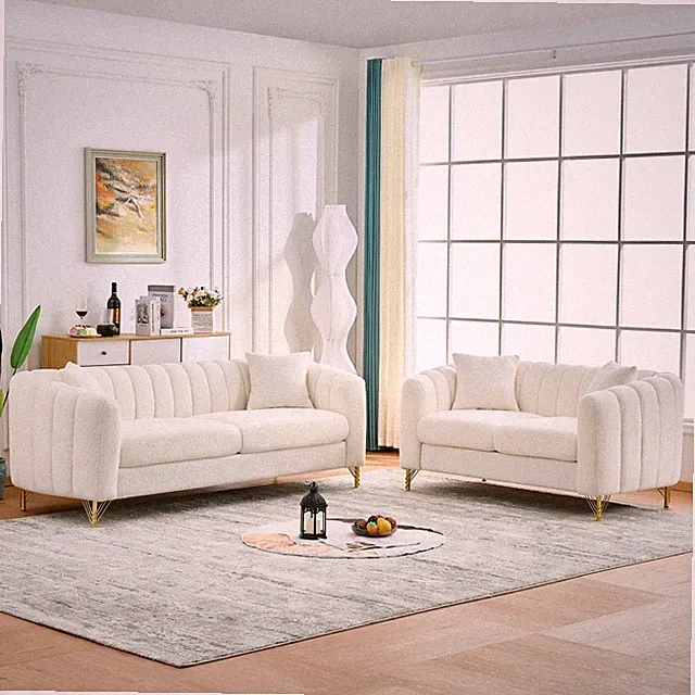 Modern White Oversized Chenille 3-Seat Sectional Sofa with Gold Legs