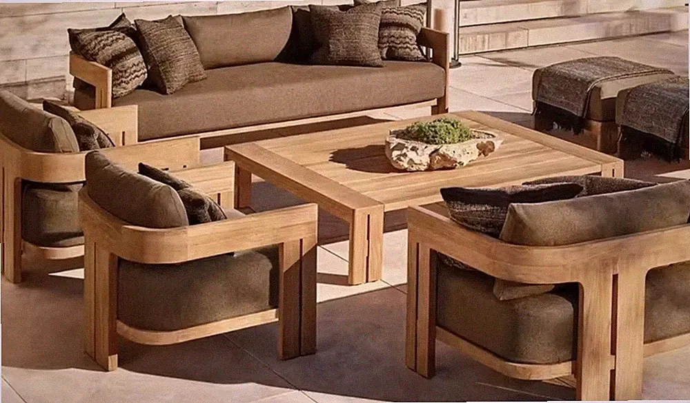 Modern Wood Outdoor Sofa w/Cushions