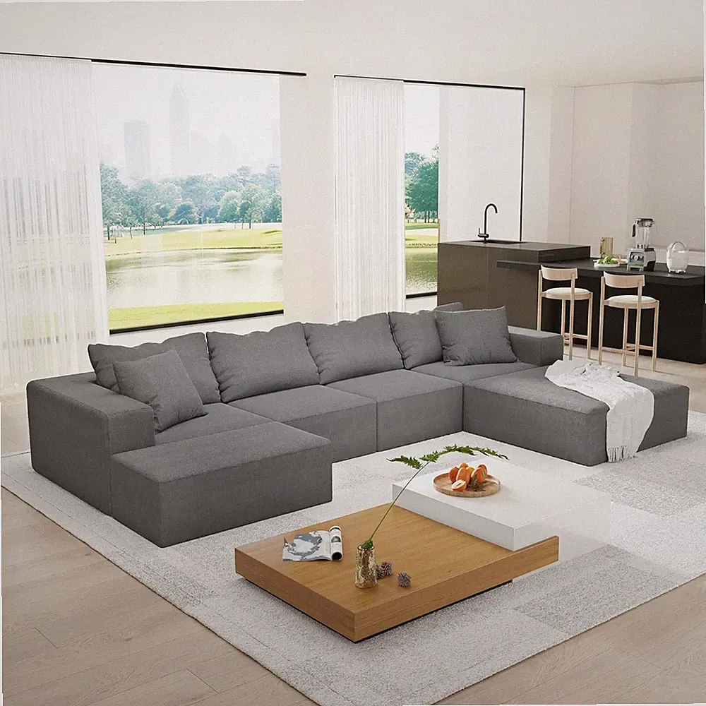 Modular 132" L-Shaped Sectional Sofa Set with 6 Pillows, Grey