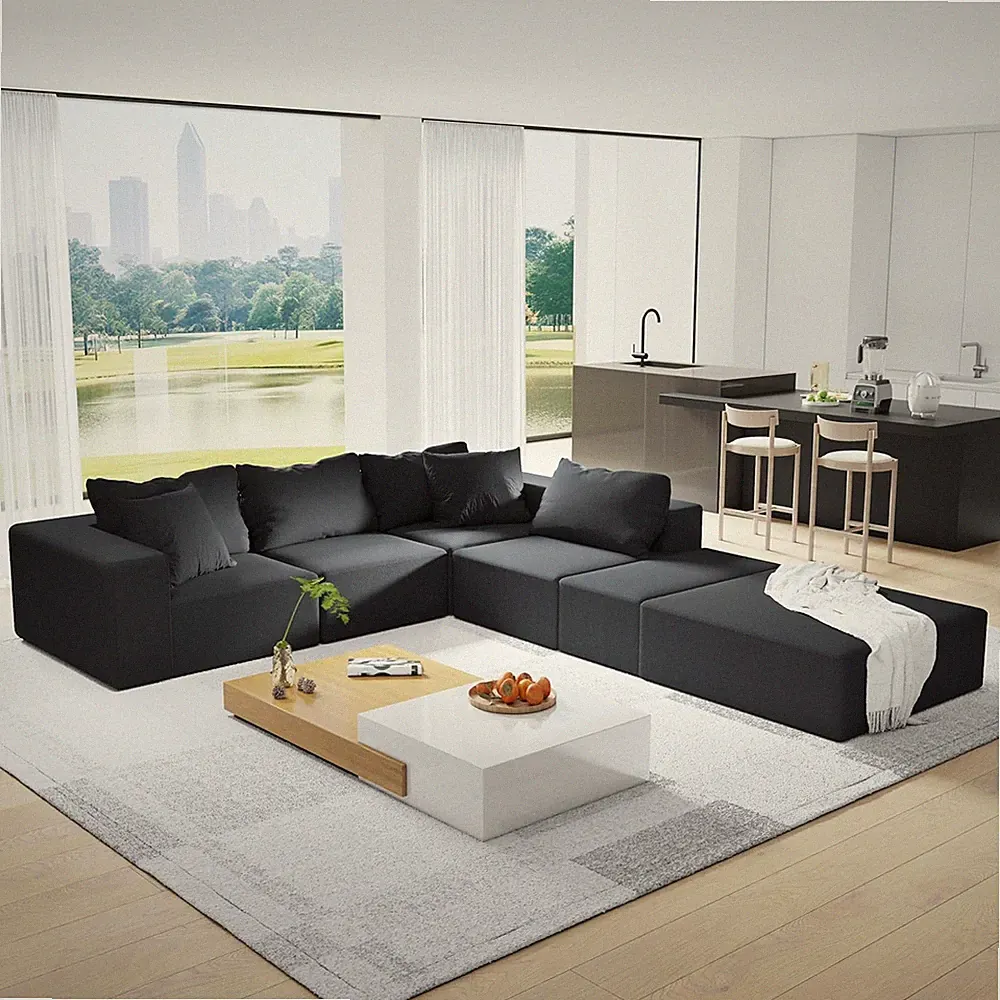 Modular 132" L-Shaped Sectional Sofa with 6 Pillows for Living Room, Black