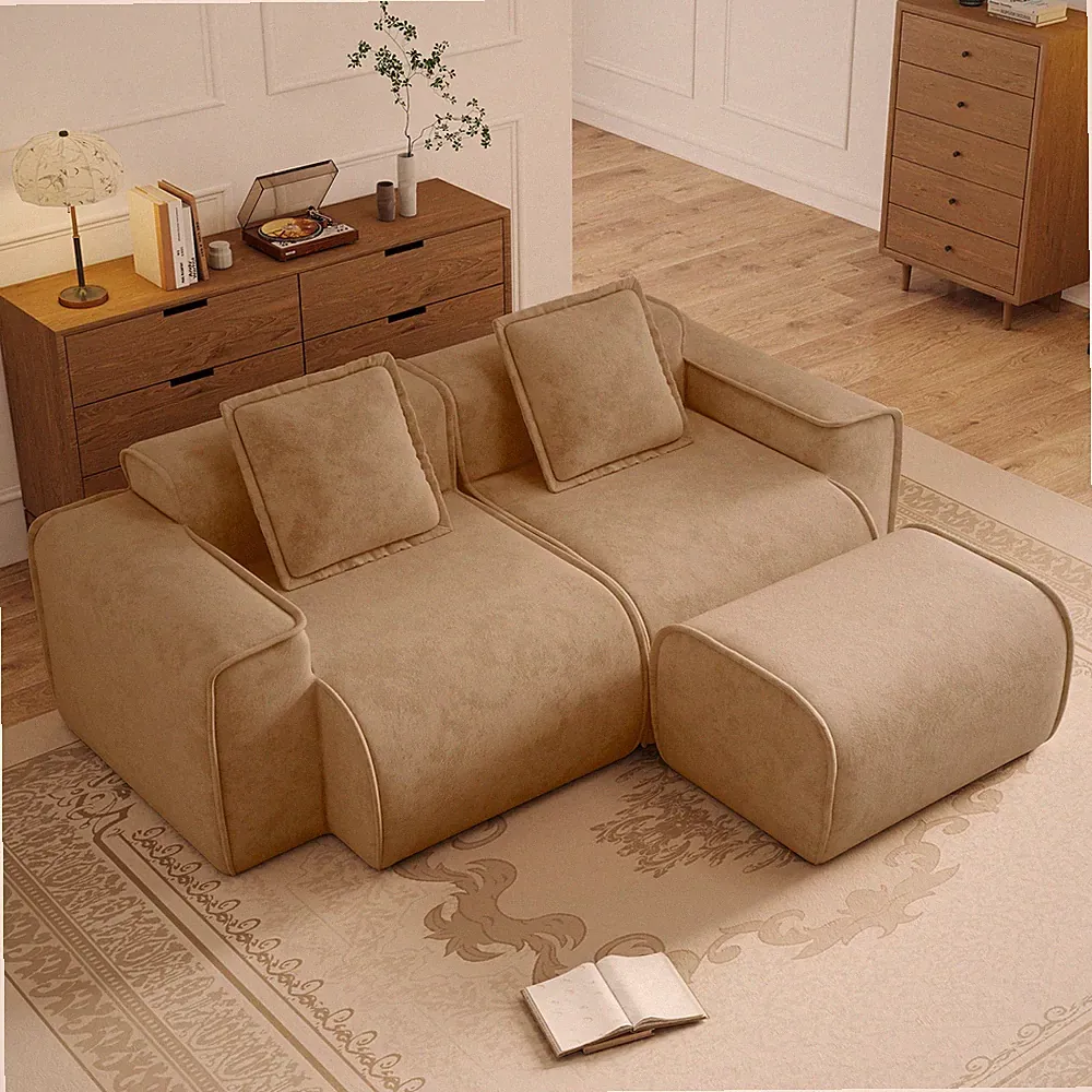Modular 2 Seat L-Shape Sectional Sofa, Velvet Brown, No Assembly, Ottoman