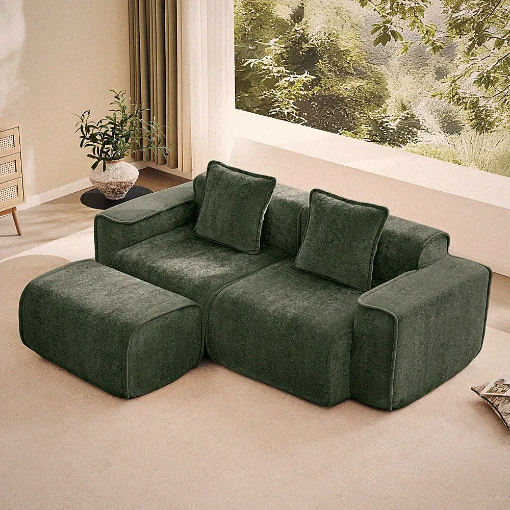 Modular 2 Seat L Shape Sectional Velvet Sofa Green & Ottoman, No Assembly