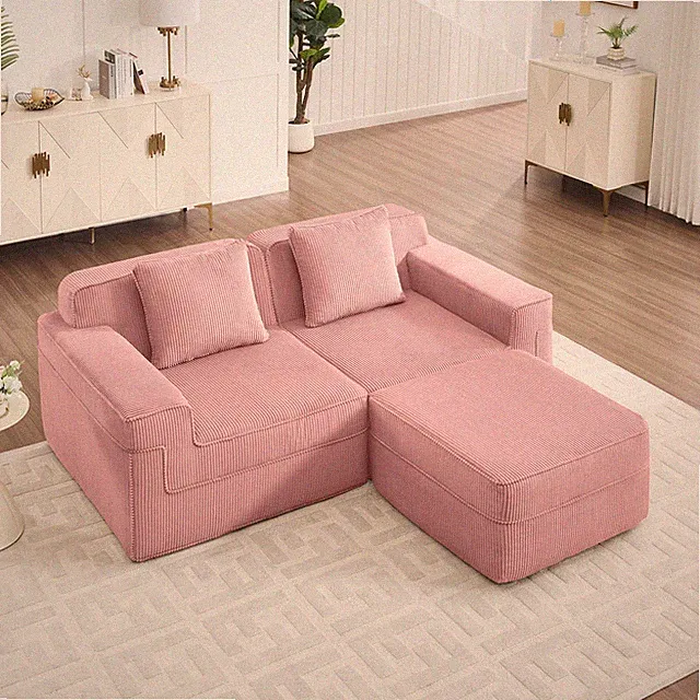 Modular 2-Seat L-Shaped Cloud Sectional Sofa, Corduroy Pink w/Pillows, Ottoman