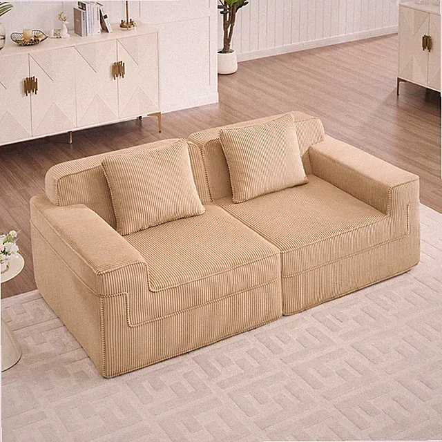 Modular 2-Seat Loveseat Corduroy Sofa Bed with Throw Pillows, Camel