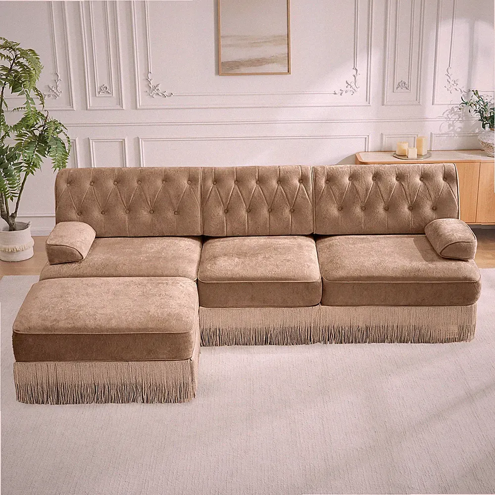 Modular 3-Seat Camel Velvet Sectional Sofa with Tassel Skirt, Button Tufted