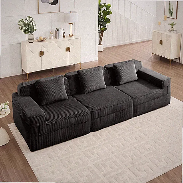 Modular 3-Seat Corduroy Cloud Sofa Sectional, Deep Seats, Throw Pillows, Black