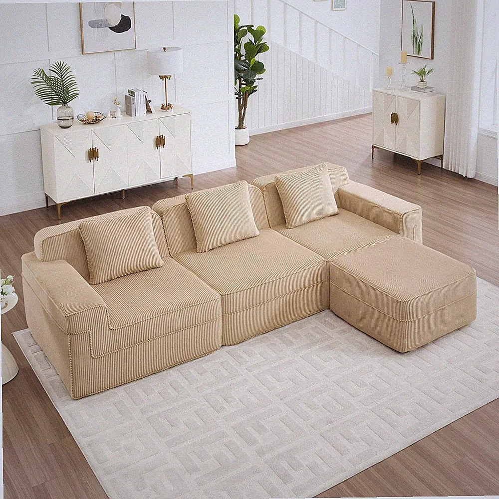 Modular 3-Seat L-Shape Sectional Sofa, Cloud Couch w/ Ottoman, Corduroy Fabric