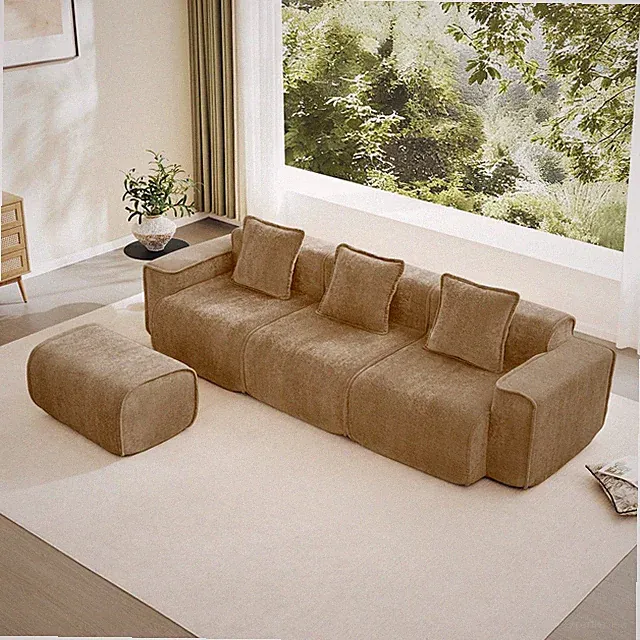 Modular 3-Seat L-Shape Sectional Sofa w/ Ottoman & Pillows, Velvet Brown