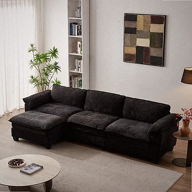 Modular 3-Seat L-Shaped Sectional Sofa with Matching Ottoman Chenille Black