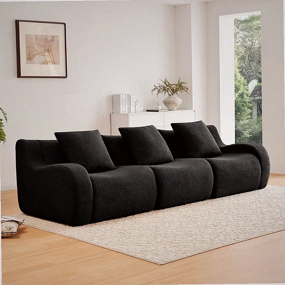 Modular 3-Seat Sectional Sofa Teddy Fabric Curved Armrests Black