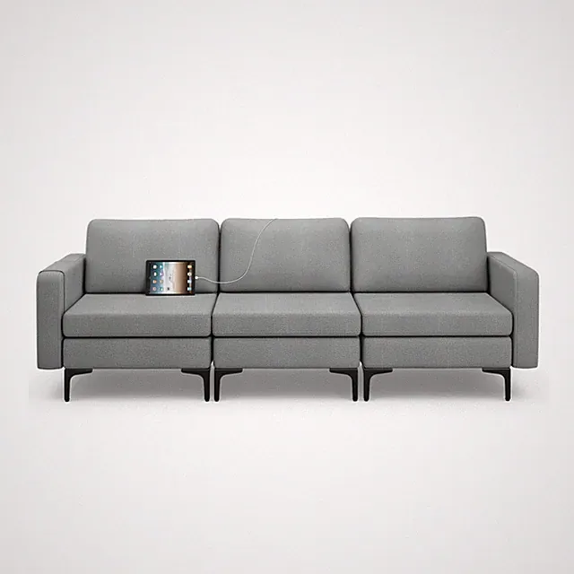 Modular 3-Seat Sofa Couch w/Sloped Backrest &Widened Armrest &Cushions Dark Grey