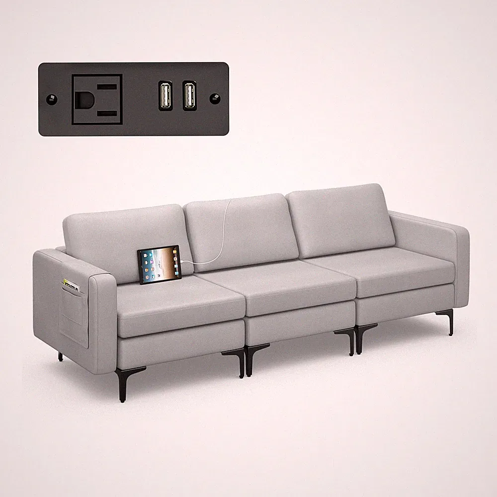 Modular 3-Seat Sofa Couch w/Sloped Backrest &Widened Armrest &Cushions Grey