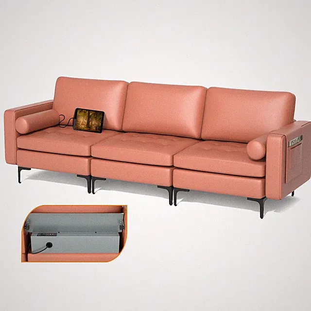 Modular 3-Seat Sofa Couch w/ Socket USB Ports & Side Storage Pocket Coral Pink