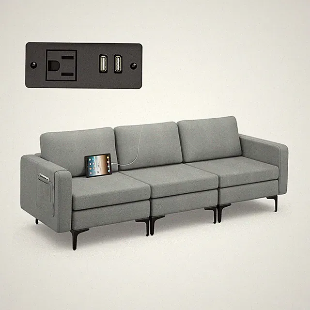 Modular 3-Seat Sofa Couch w/ Socket USB Ports & Side Storage Pocket Dark Grey