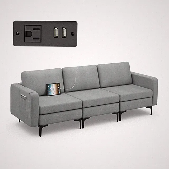 Modular 3-Seat Sofa Couch w/ Socket USB Ports & Side Storage Pocket Dark Grey