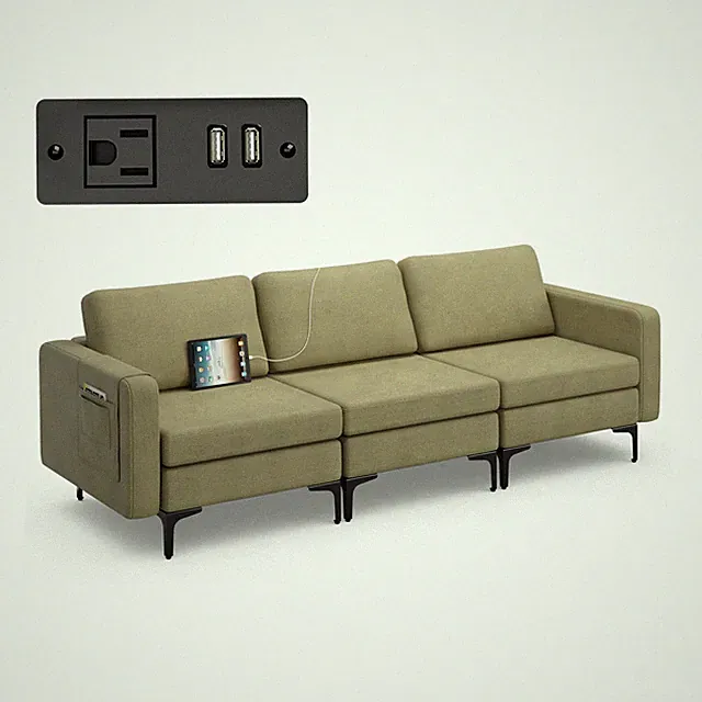 Modular 3-Seat Sofa Couch w/ Socket USB Ports & Side Storage Pocket Green