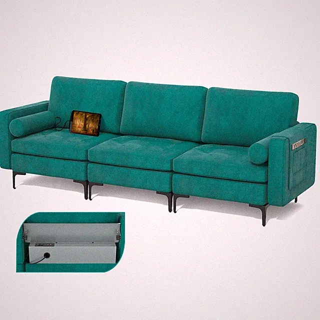 Modular 3-Seat Sofa Couch w/ Socket USB Ports & Side Storage Pocket Teal