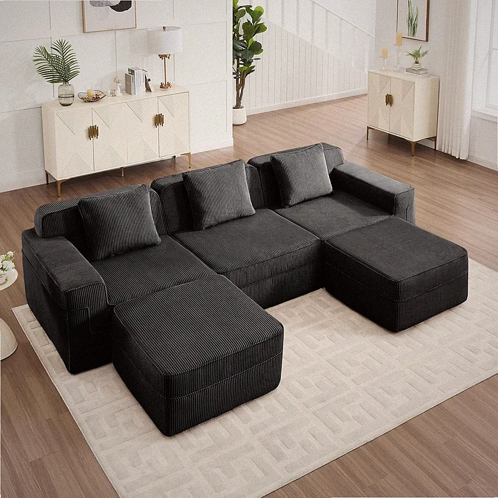 Modular 3 Seat U Shape Sectional Boneless Sofa,Cloud Sectional Couch w/Deep Sea